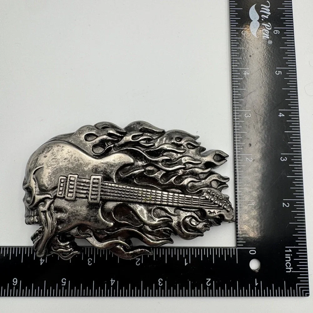 Screaming Skull Electric Guitar Flames Belt Buckle‎ Antique Silver Biker Rocker